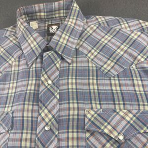 Vintage Karman Western Pearl Snap Shirt Mens 16.5 x 35 Blue Plaid Long Sleeve